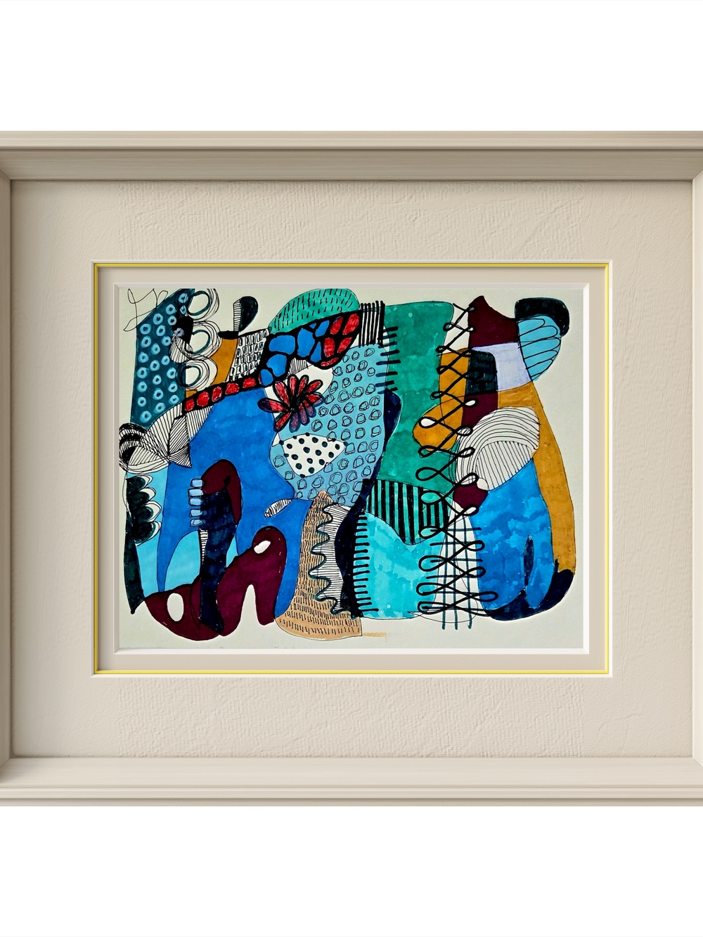 Original Abstract Art in Blue, Teal, Gold, and Burgundy